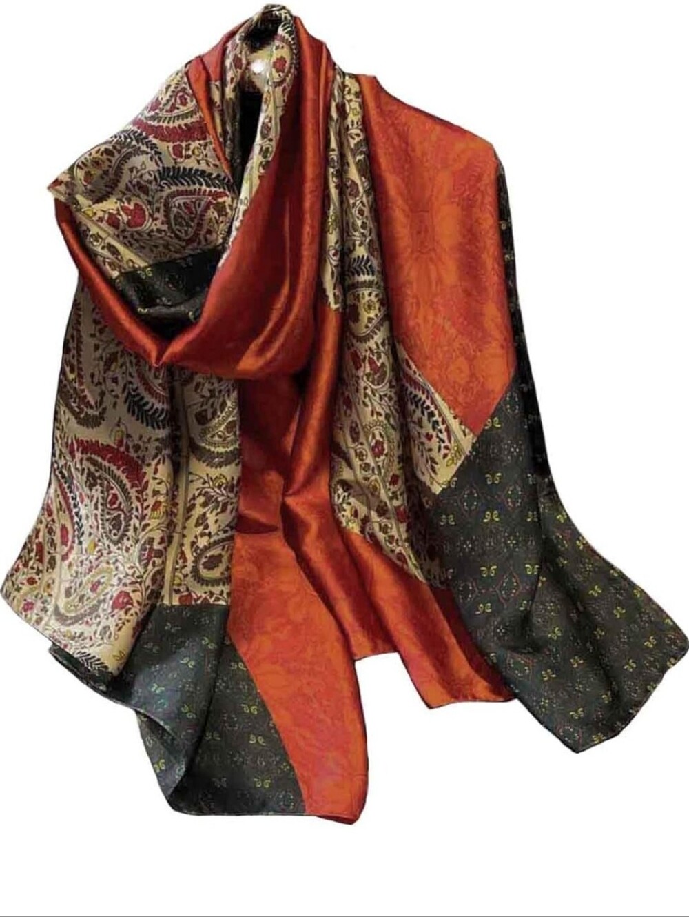 Elegant Paisley Patchwork Scarf - Orange, Black & Cream